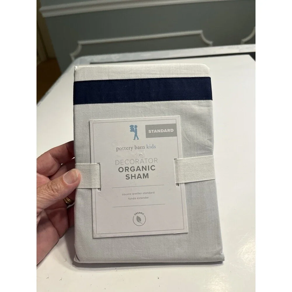 Pottery Barn Organic Standard Pillow Sham White w Navy Blue Ribbon Accent 20x26